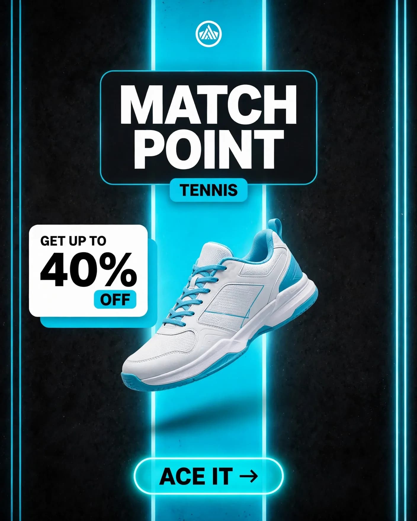 MATCH POINT Tennis Shoe Campaign — Cyan Sport Sale Poster | Editable AI Prompt