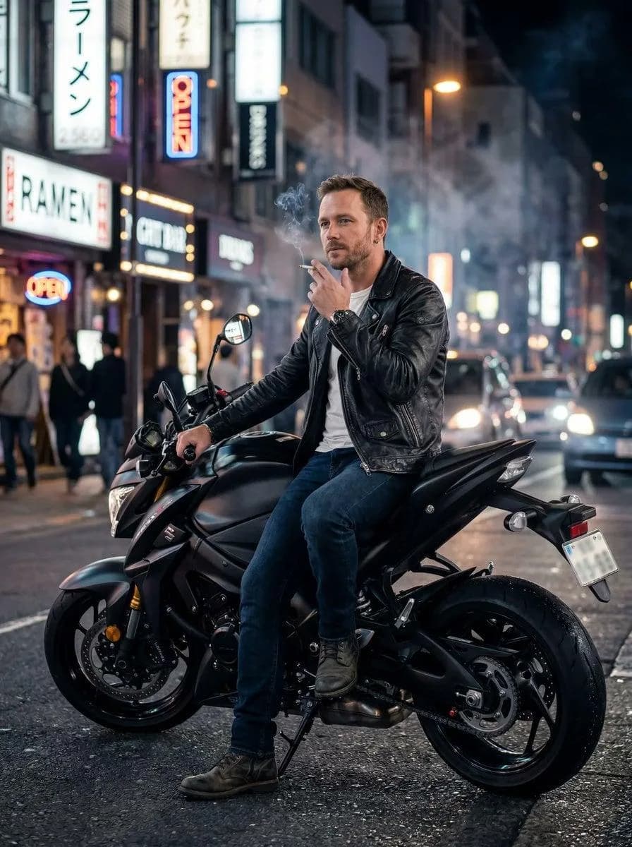 Urban Motorcycle Night Portrait Photography AI Prompt