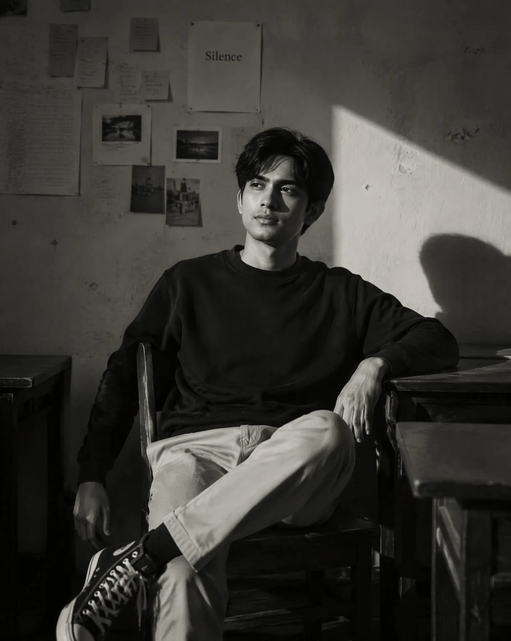 Cinematic Classroom Black and White Portrait AI Prompt