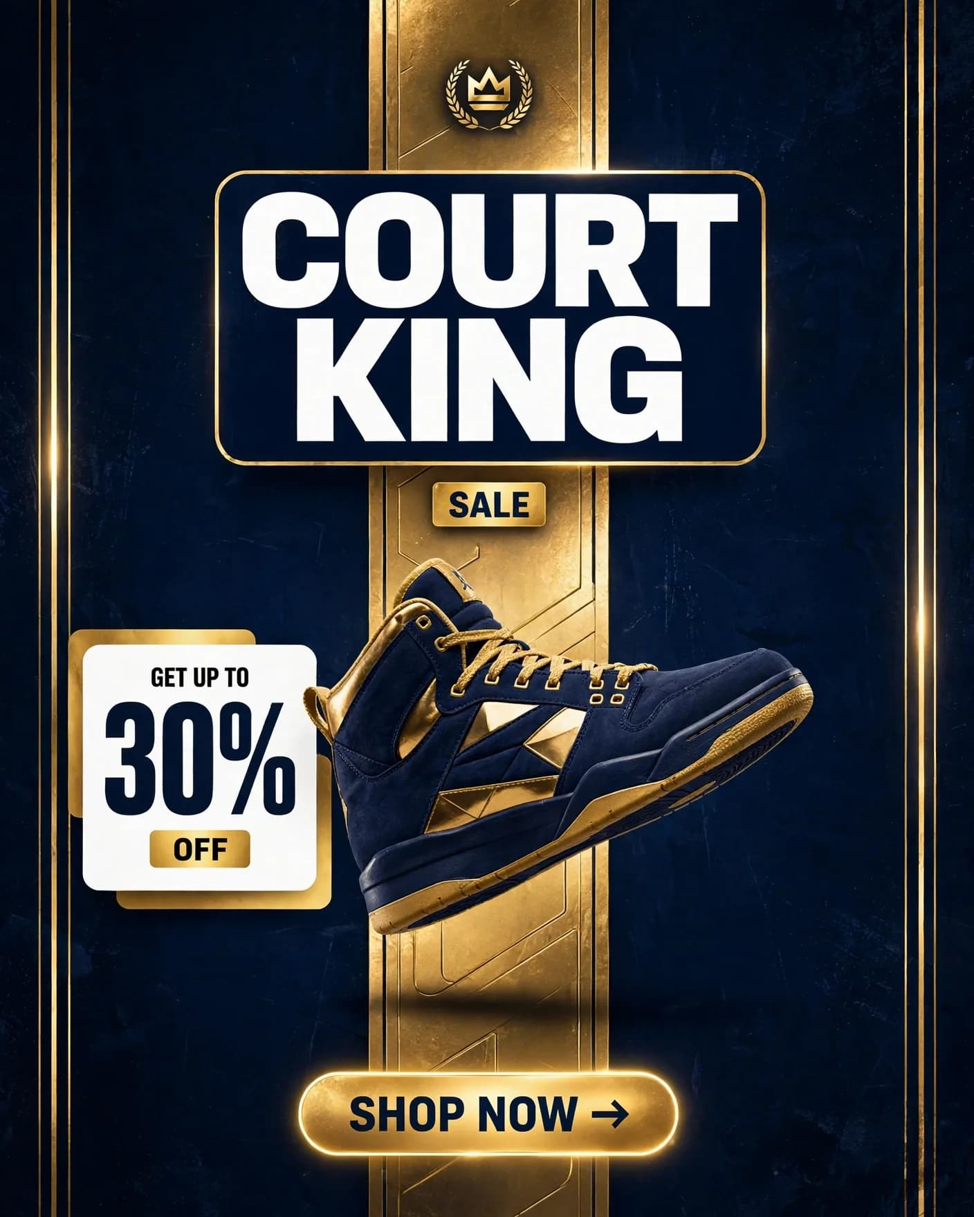 COURT KING Basketball Shoe Campaign — Gold Streetwear Sale Poster | Editable AI Prompt