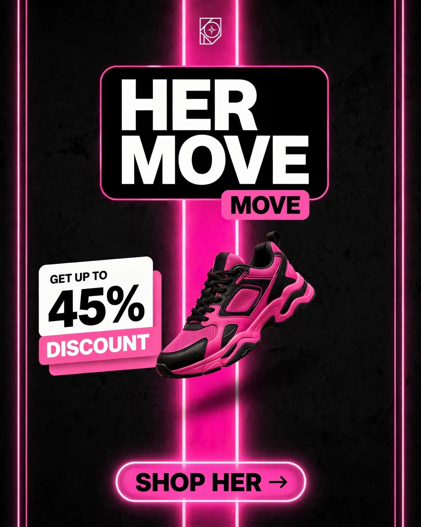HER MOVE Women's Sneaker Campaign — Pink Streetwear Sale Poster | Editable AI Prompt