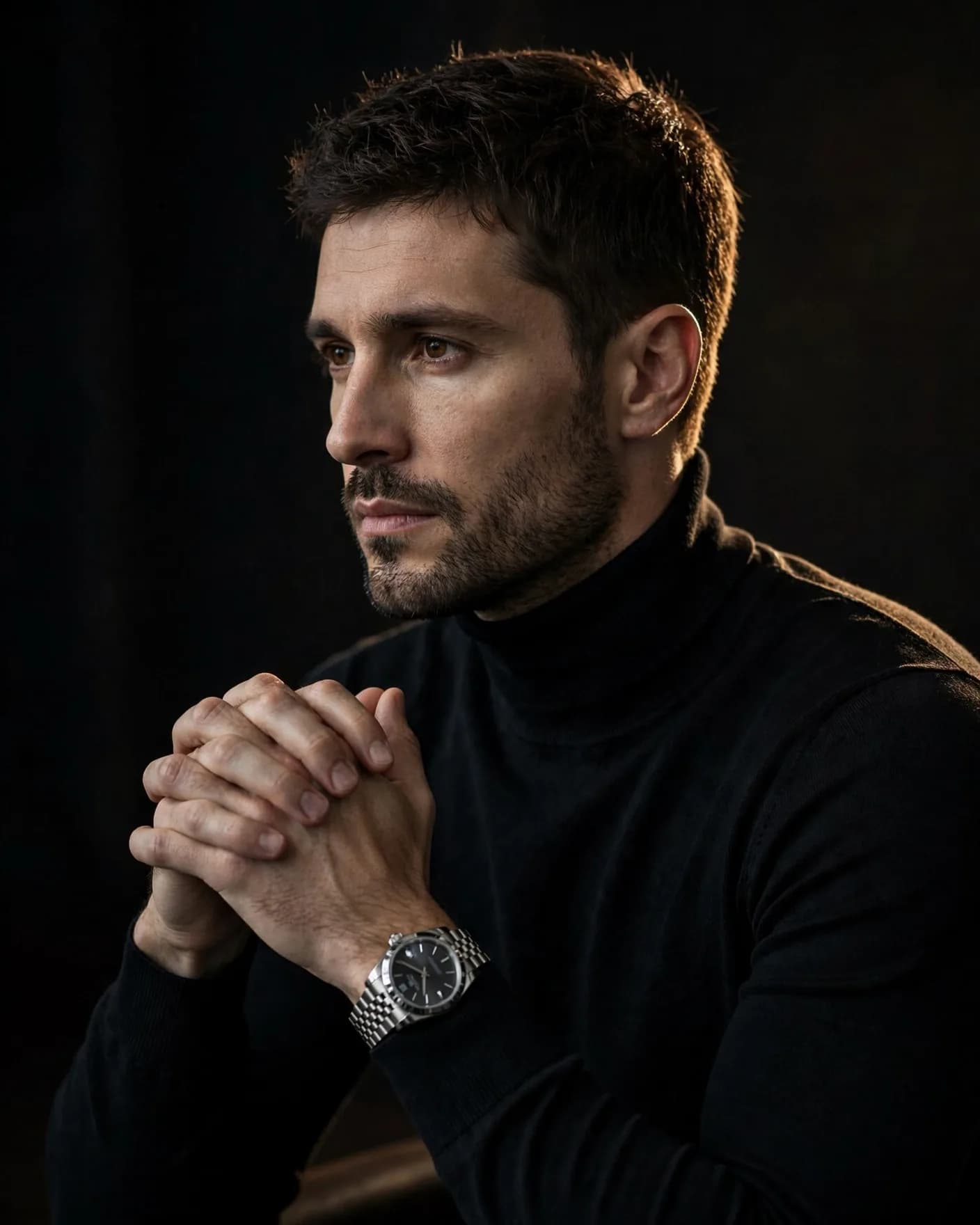 Night Mode Turtleneck Portrait Prompt — Moody Rim-Light Studio Look