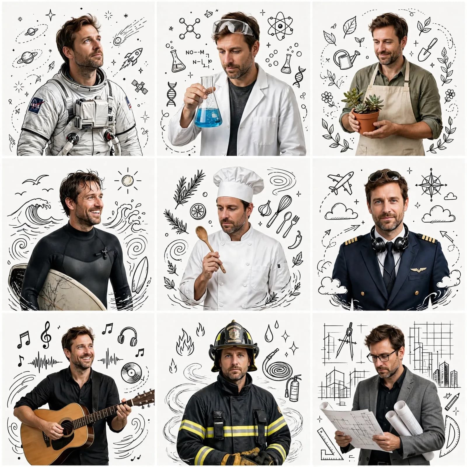 Dream Professions Collage Prompt — 9-Scene Doodle Grid