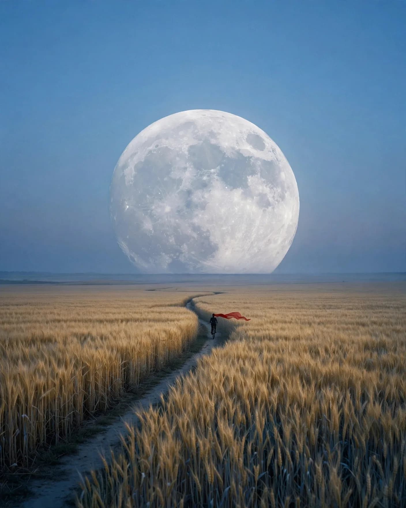 Moonlit Landscape Wallpaper Prompt — Surreal Cyclist Under Giant Moon