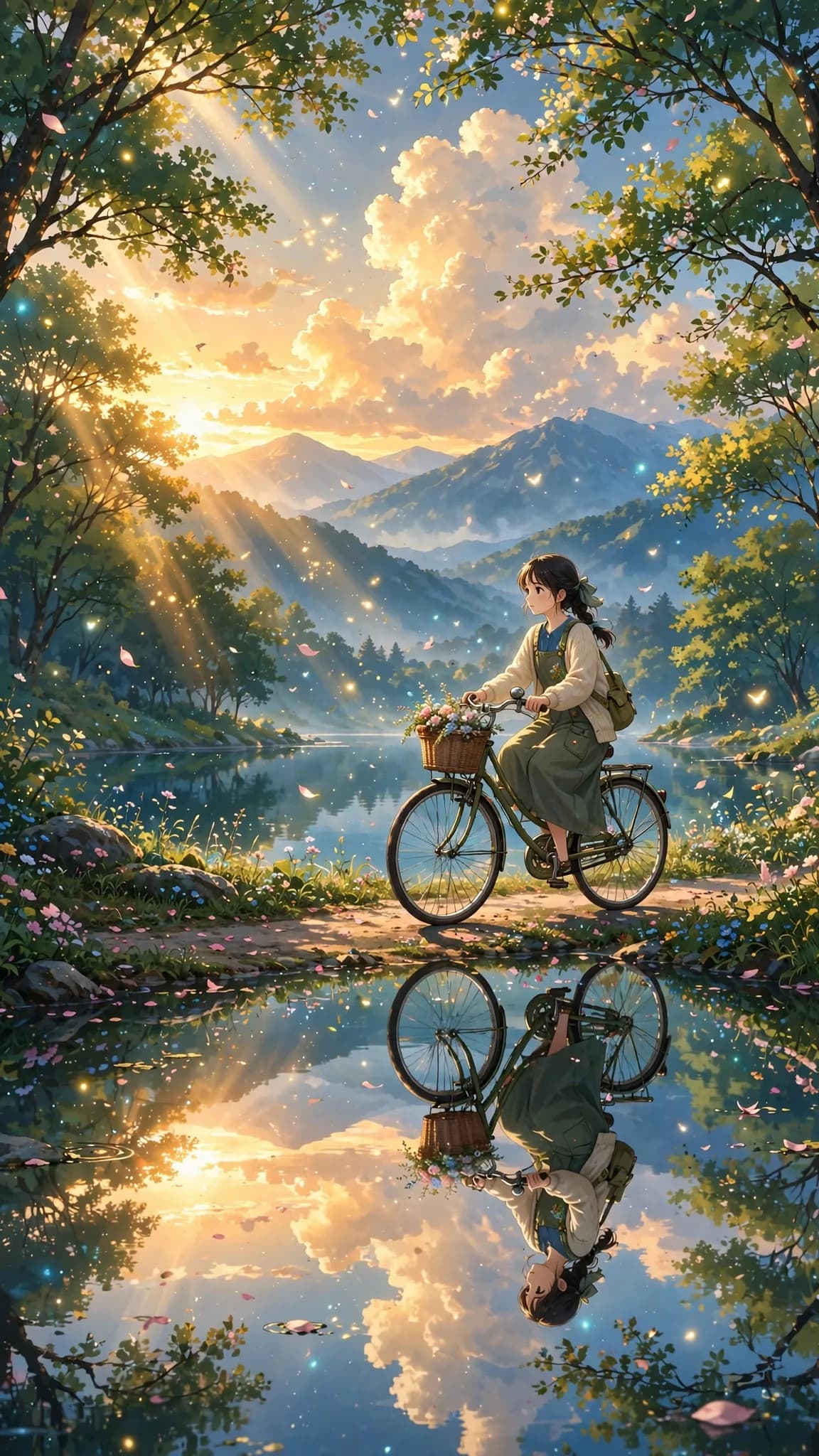 Anime Golden Hour Lakeside Bicycle Girl Wallpaper AI Prompt