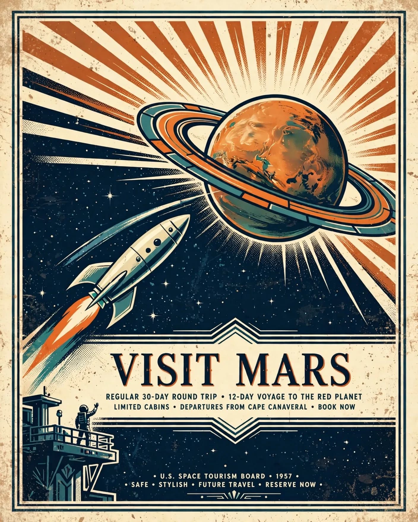 Retro Space Tourism Poster Prompt — Vintage NASA-Style Mars Trip (4:5)