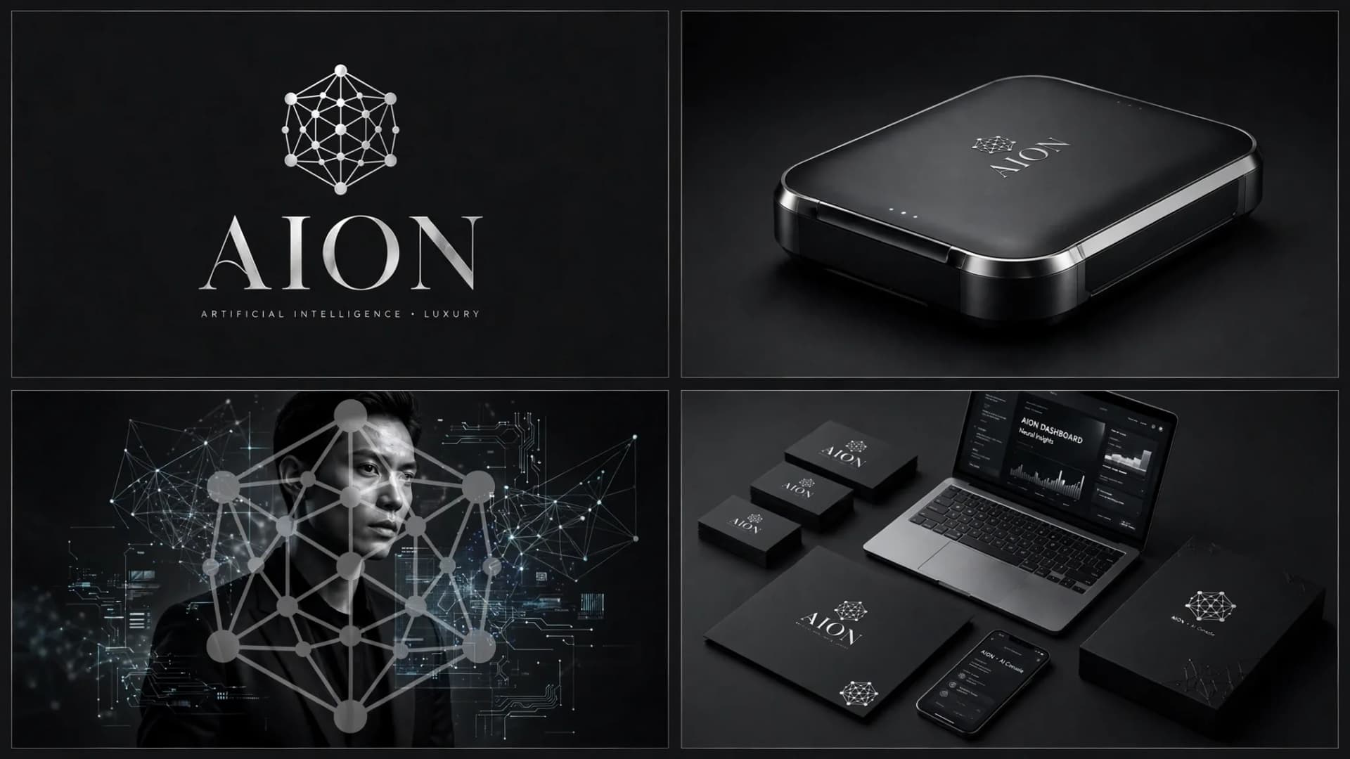 Luxury AI Startup Brand Board Prompt — Four-Panel Identity Showcase