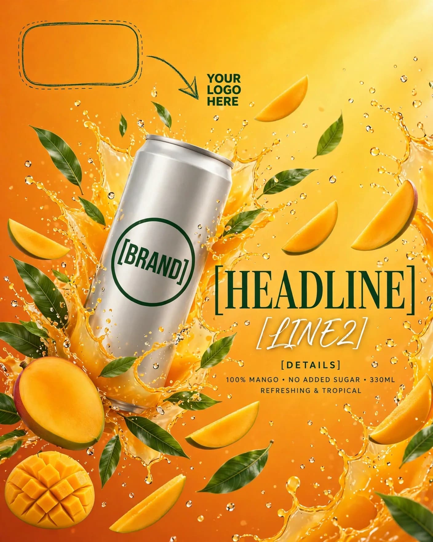 Splash Action Mango Juice Can Tropical Explosion Editable AI Prompt