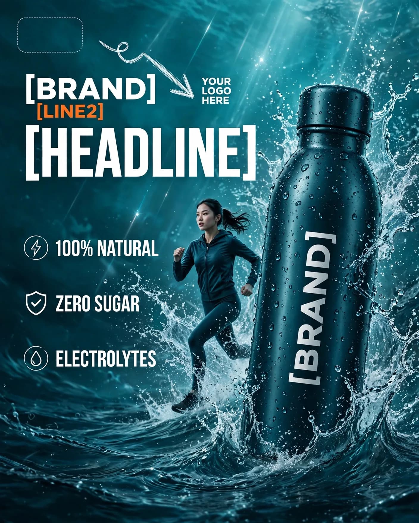 Teal Sport Storm Athletic Water Bottle Motion Ad Editable AI Prompt