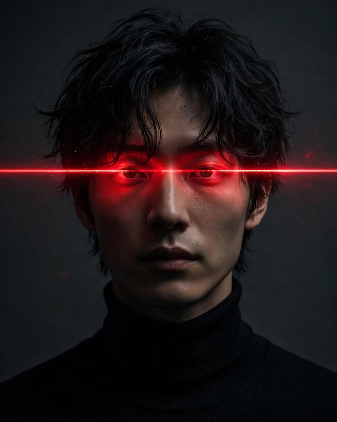 Red Laser Eye Portrait Prompt — Cyberpunk Futurist in a Dark Studio