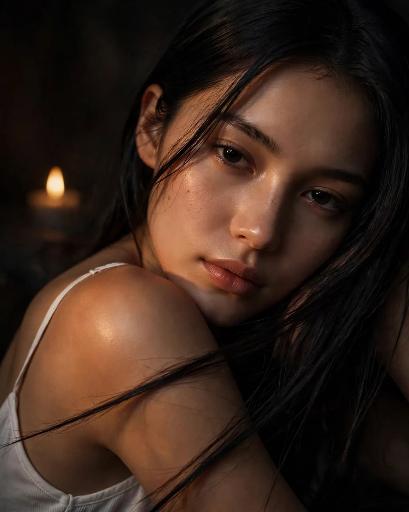 Candlelit Amber Close-Up Portrait Prompt — Lamplight Beauty (4:5)