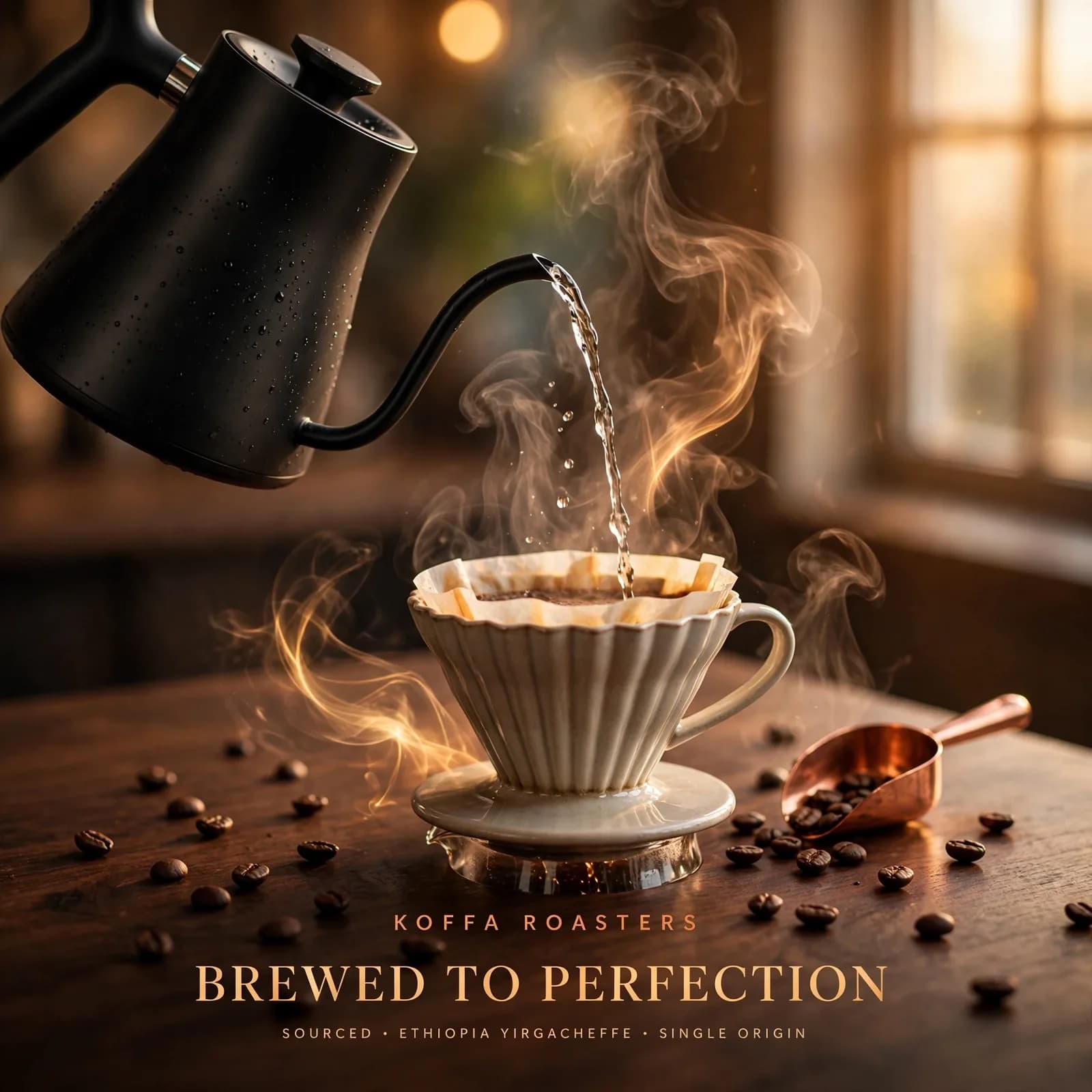 Craft Coffee Brand Ad Prompt — Warm Steam Pour-Over Shot (1:1)