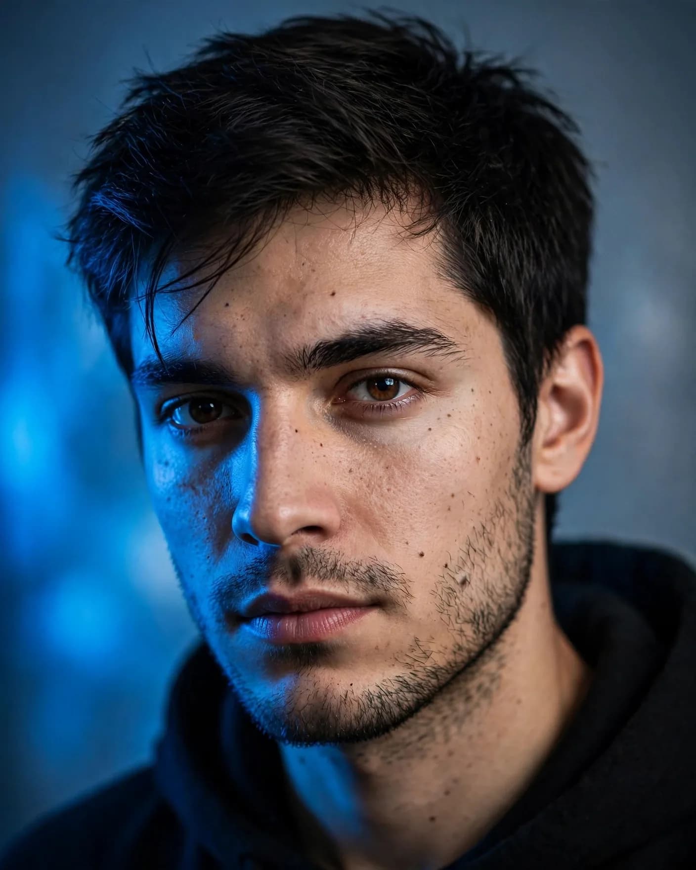 Blue-Lit Studio Hoodie Portrait Prompt — Cinematic Electric-Blue Character Shot