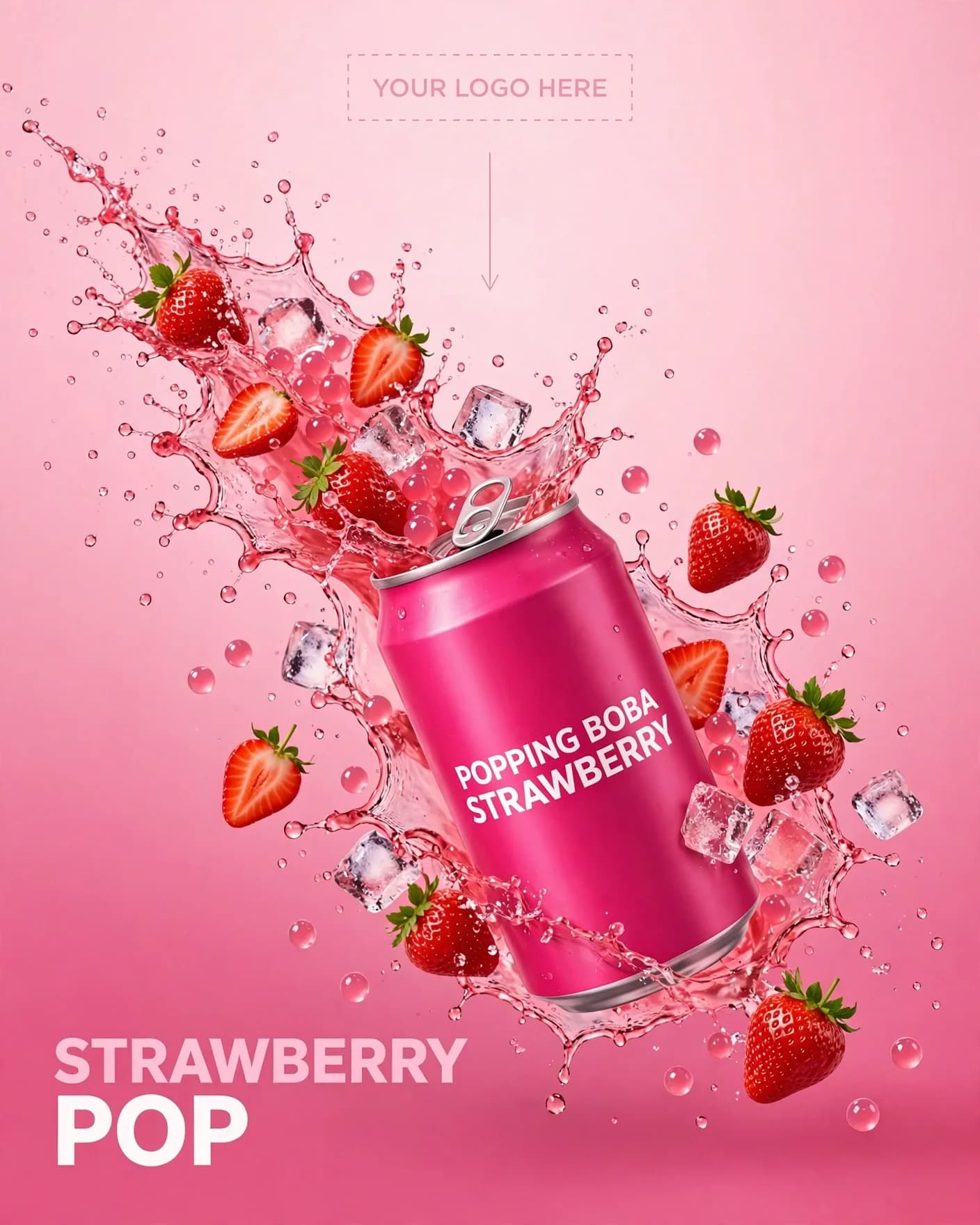Popping Boba Strawberry Can Beverage Ad Editable AI Prompt
