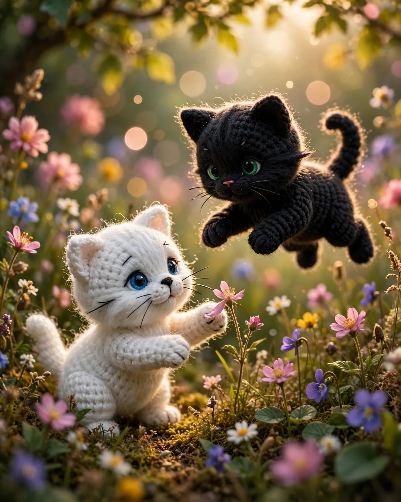 Crochet Amigurumi Kittens in Wildflower Field AI Prompt