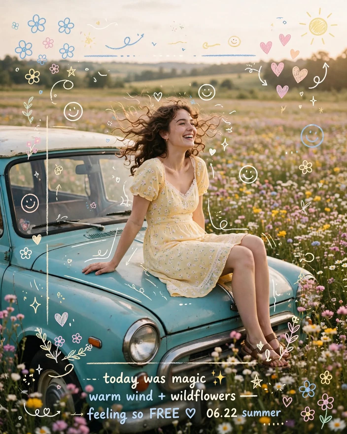 Doodle Diary Lifestyle Prompt — Flower Field & Vintage Van (4:5)