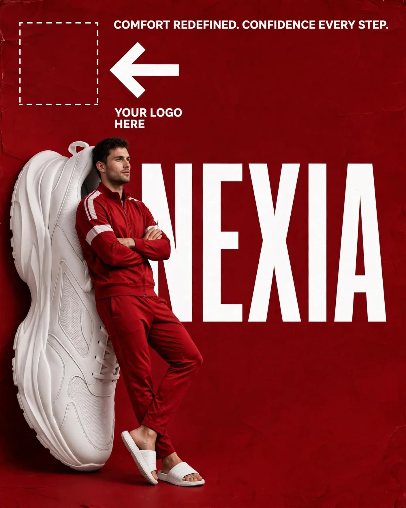 Giant Sneaker Red Tracksuit Footwear Brand Campaign Editable AI Prompt