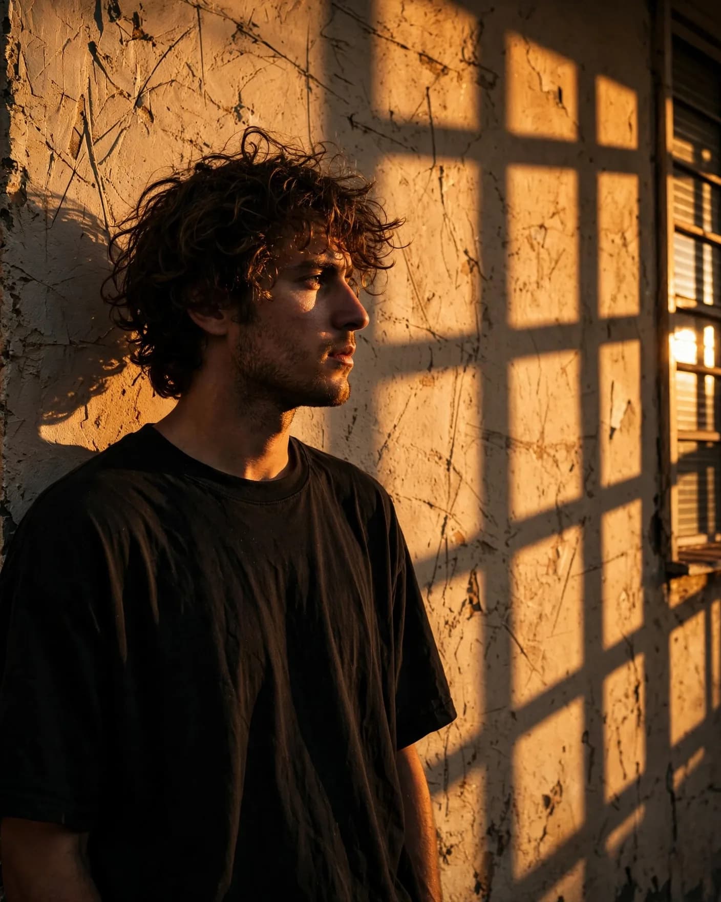 Golden Hour Curly Hair Portrait Prompt — Cinematic Man, Averted Gaze (4:5)