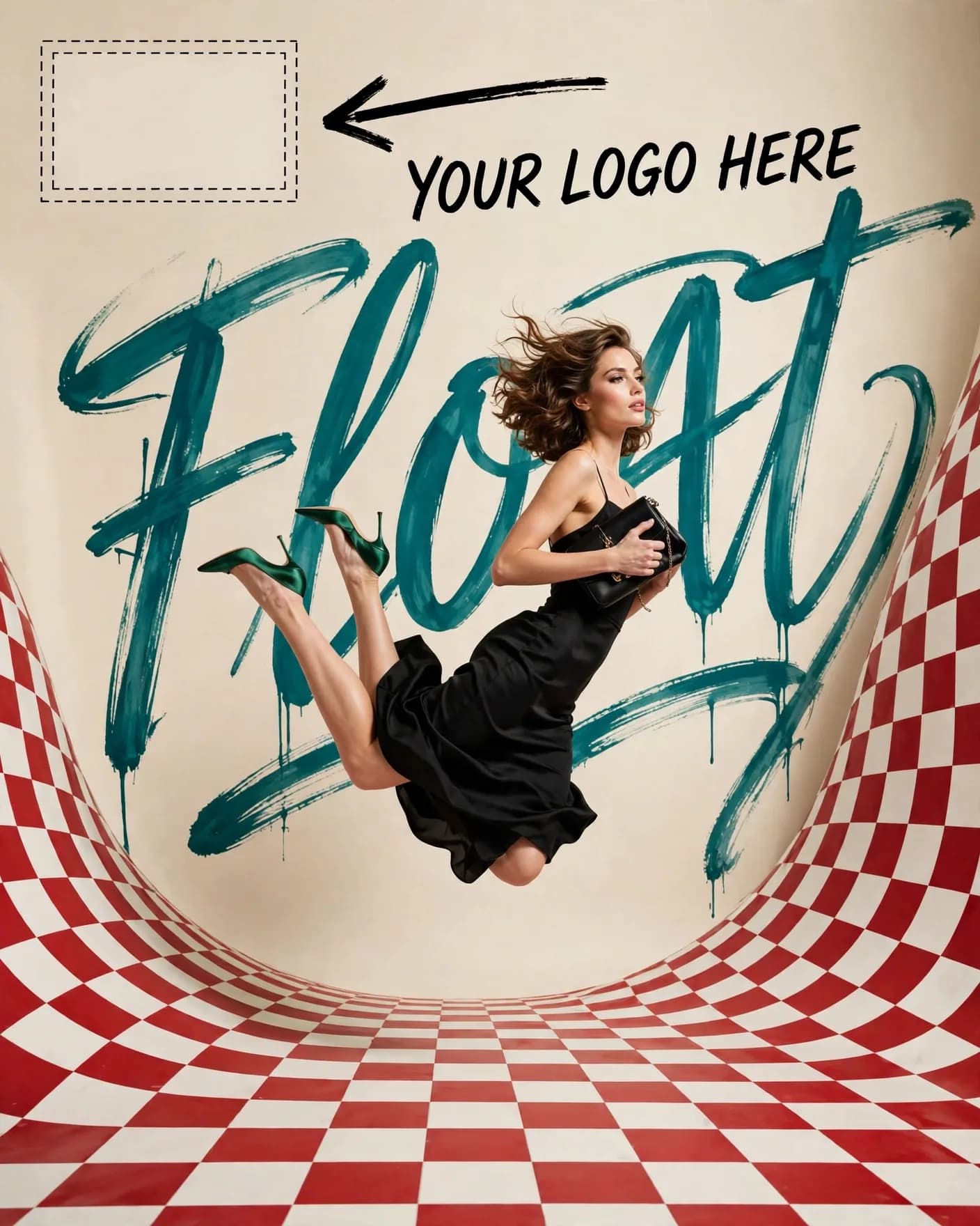 Surreal Luxury Leap Checker Floor Fashion Editorial Editable AI Prompt