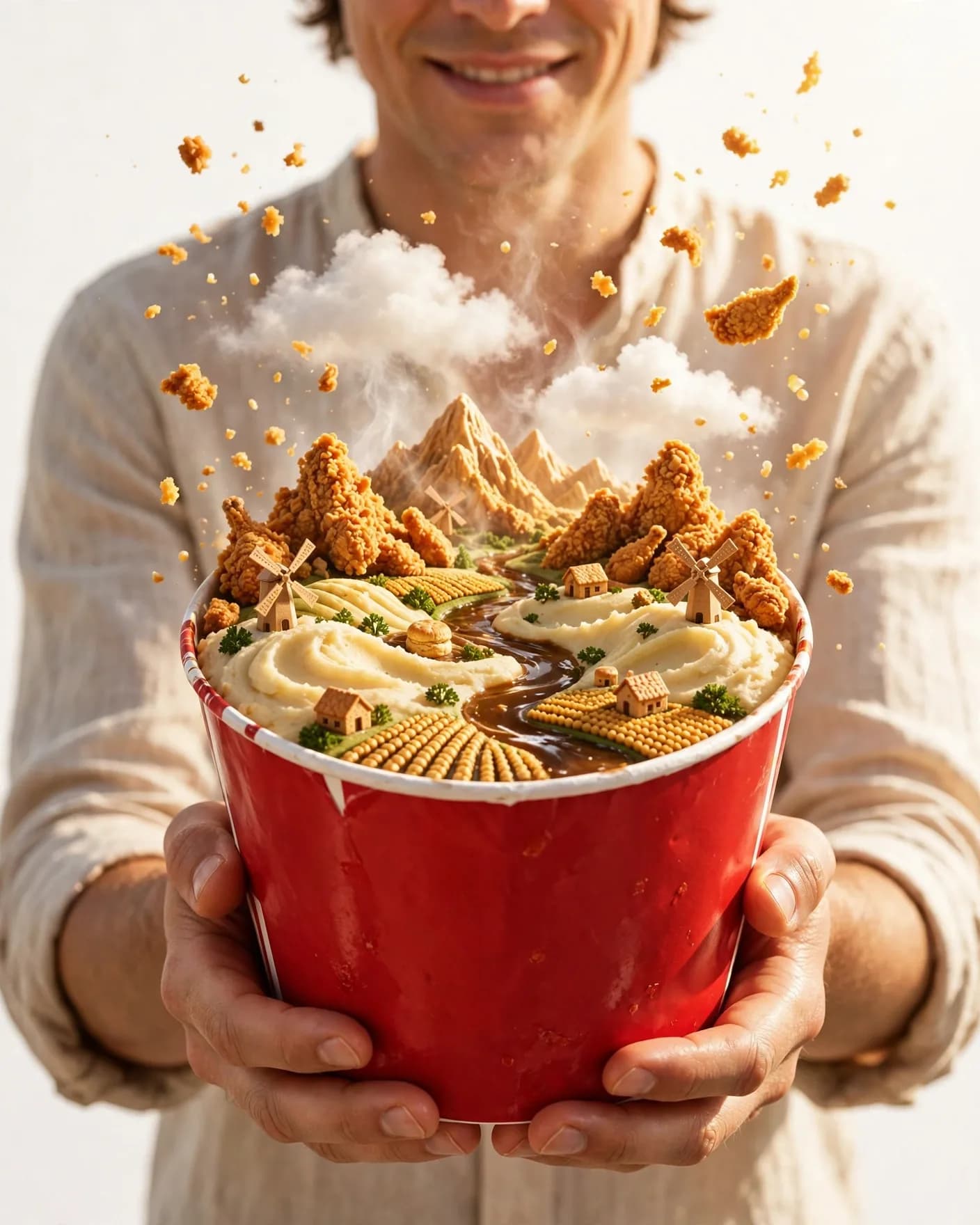 Surreal Fried Chicken Bucket Ad Poster Prompt