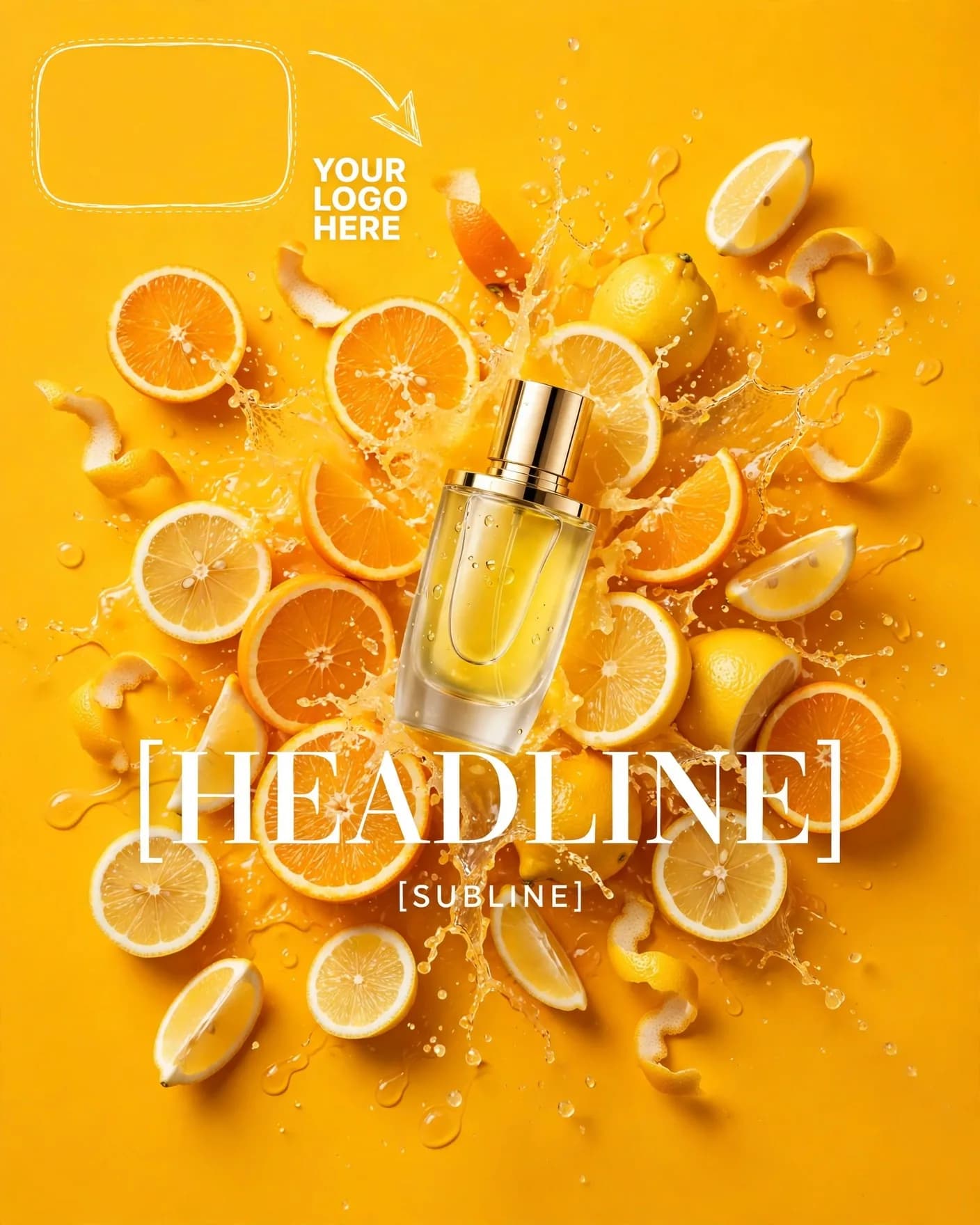 Citrus Summer Perfume Ad Poster Orange Splash Campaign Editable AI Prompt