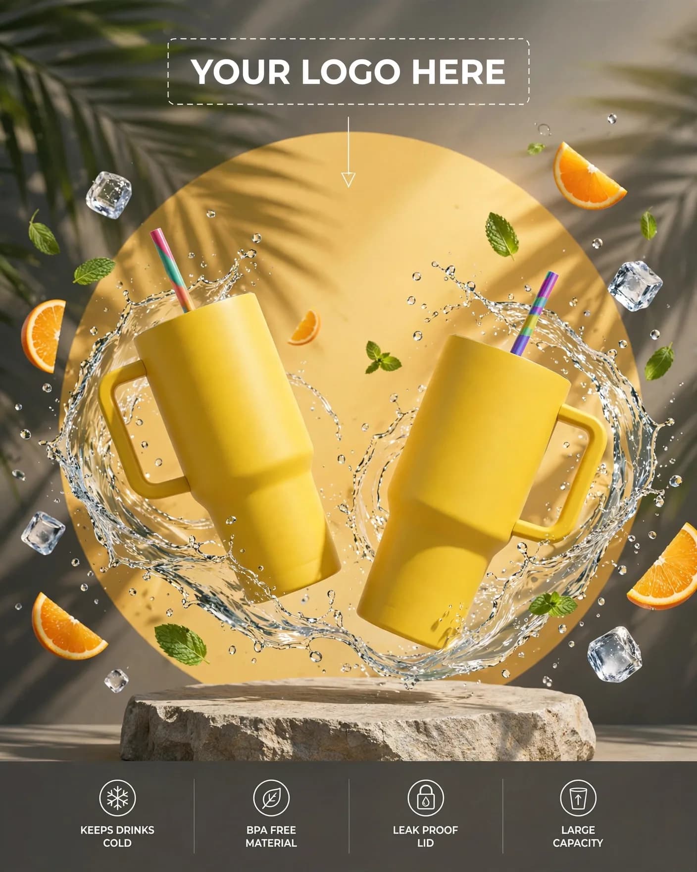 Yellow Tumbler Ecommerce Product Photo Editable AI Prompt