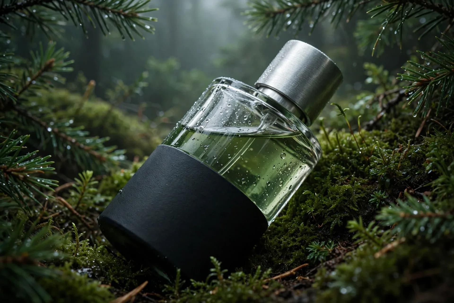 Moody Forest Perfume Bottle Ad Prompt