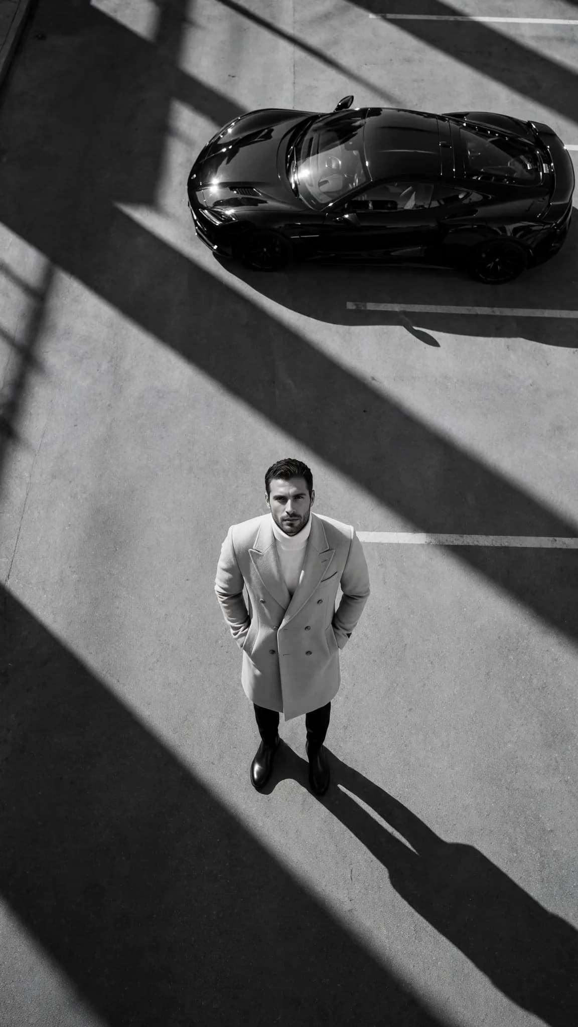 Black and White Luxury Car Portrait Prompt — Drone Editorial