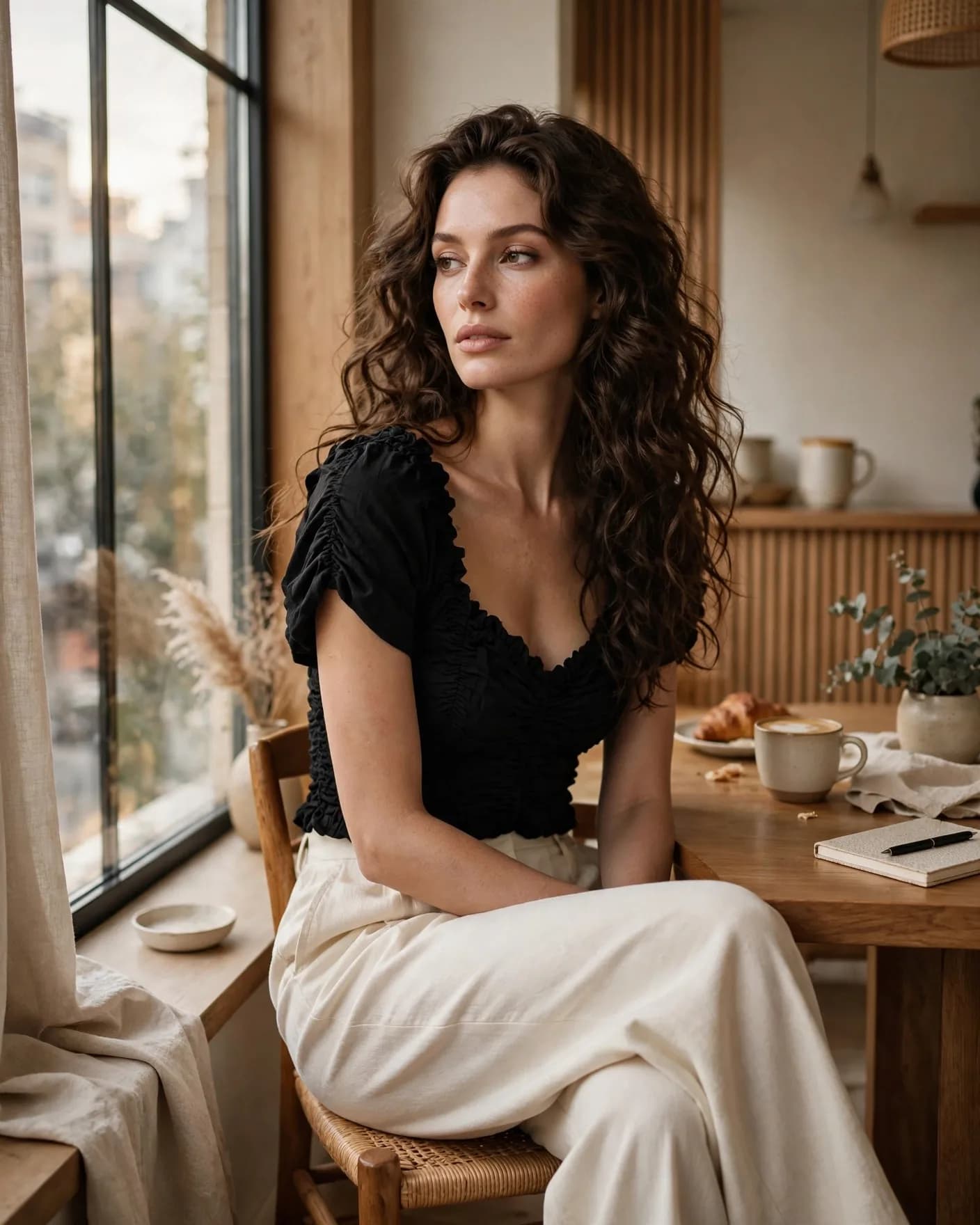 Cafe Window Fashion Portrait Prompt — Warm Minimalist Muse (4:5)