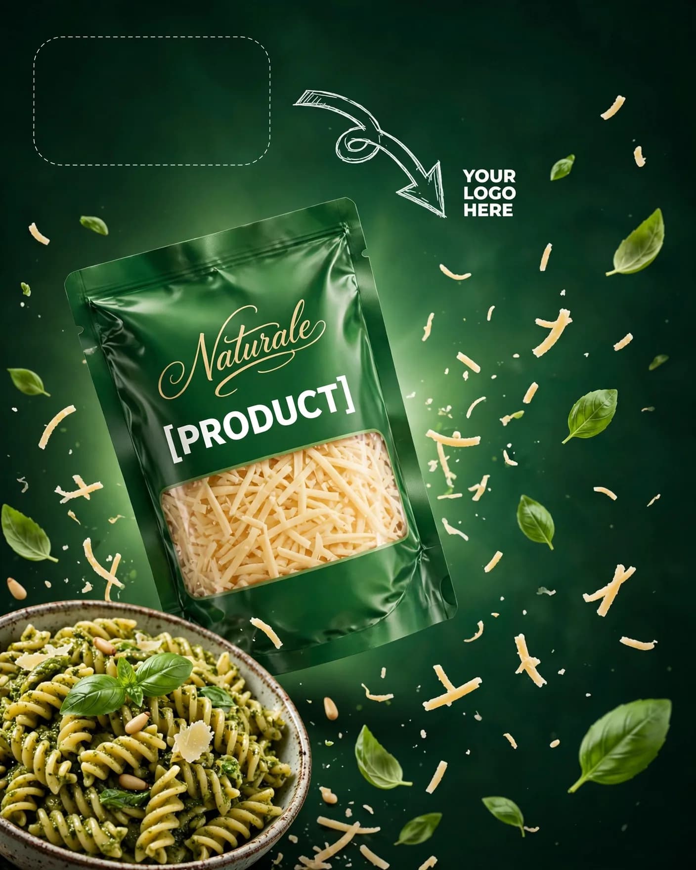 Green Natural Cheese Pouch Grocery Pop Ad Editable AI Prompt