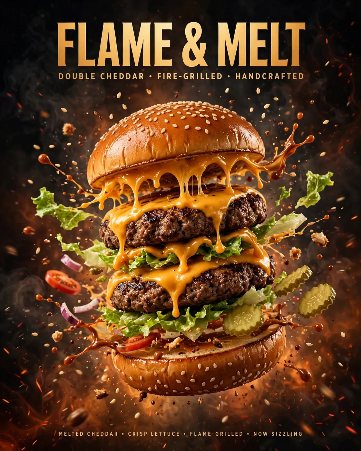 Gourmet Burger Ad Poster Prompt: Mid-Air Food Splash