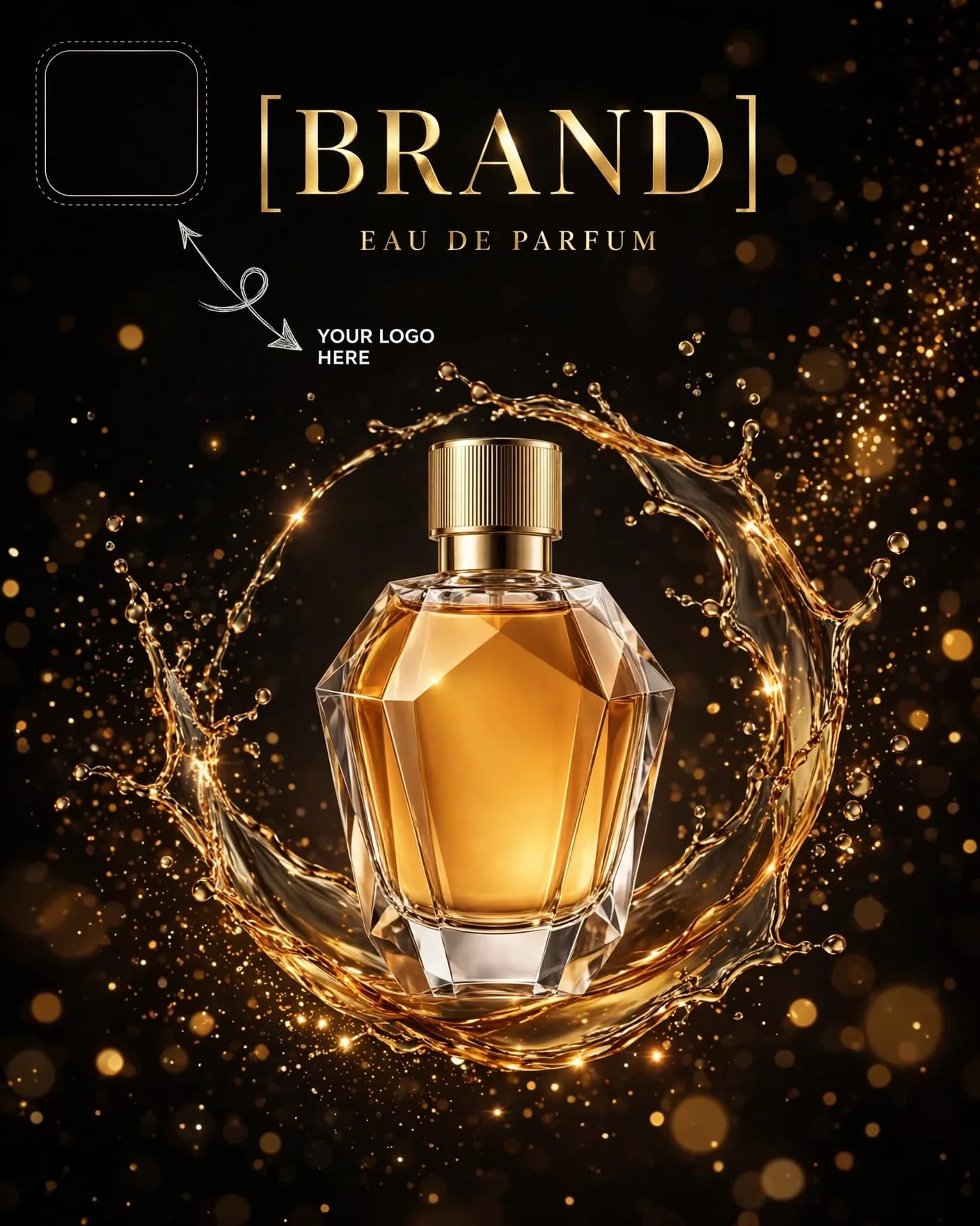 Luxury Gold Noir Perfume Ad Poster Amber Splash Campaign Editable AI Prompt