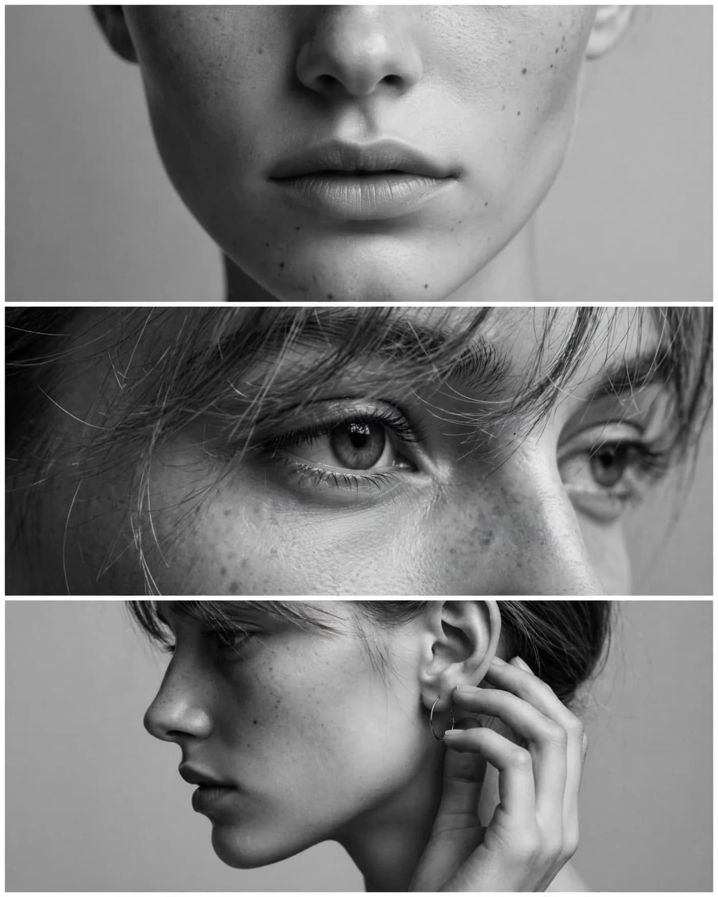 Triptych Studio Editorial Prompt — 3-Panel B&W Beauty Portrait (4:5)