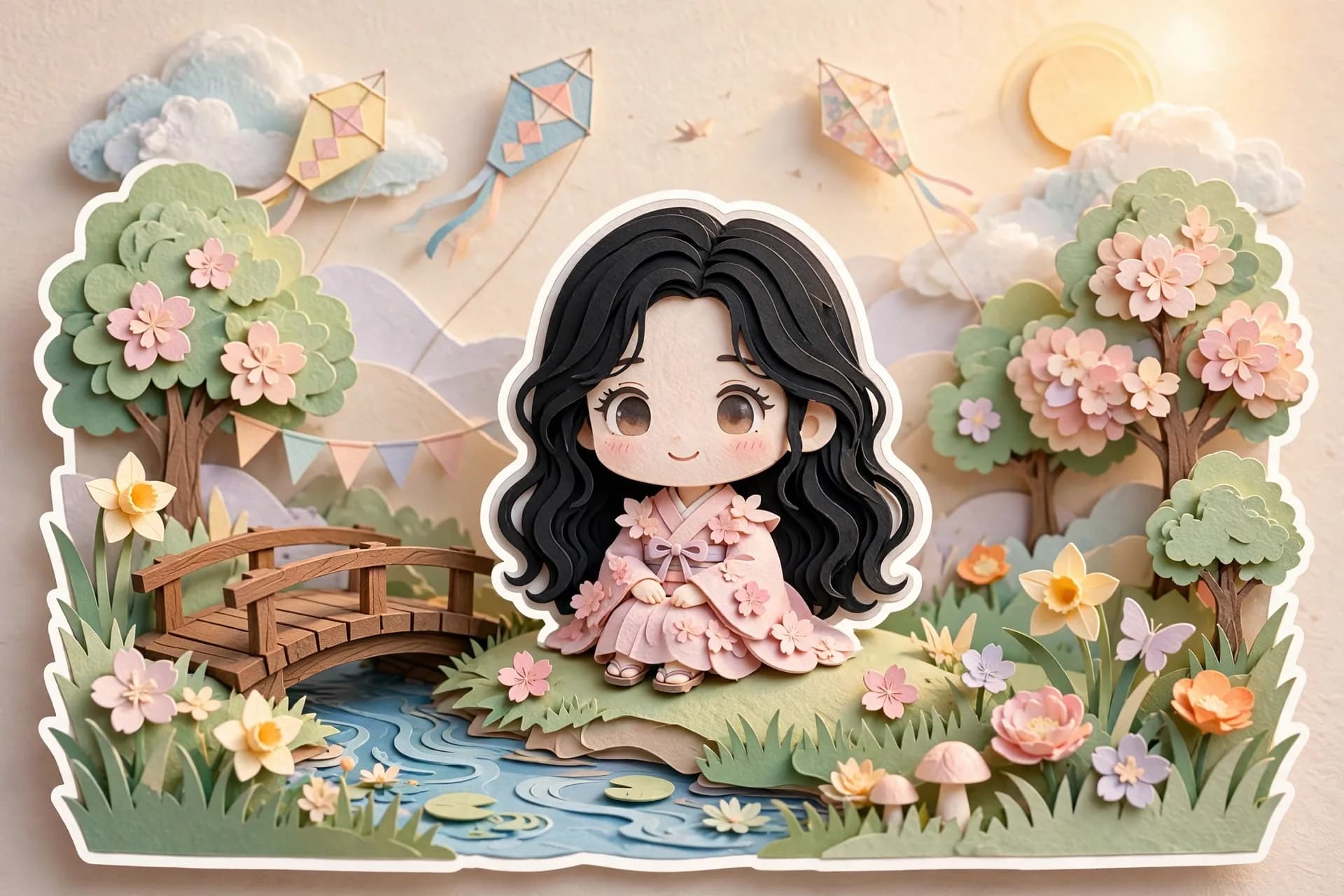 Paper-Cut 3D Sticker Girl Prompt — Cute Papercraft Diorama Scene