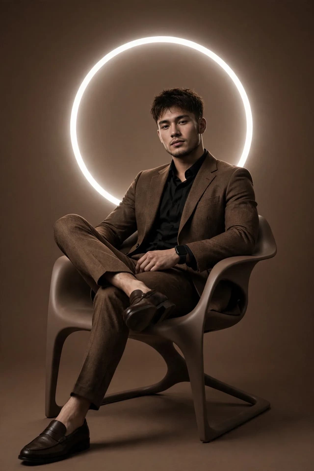 Monochrome Brown Studio Portrait Prompt — Halo Glow Minimalism