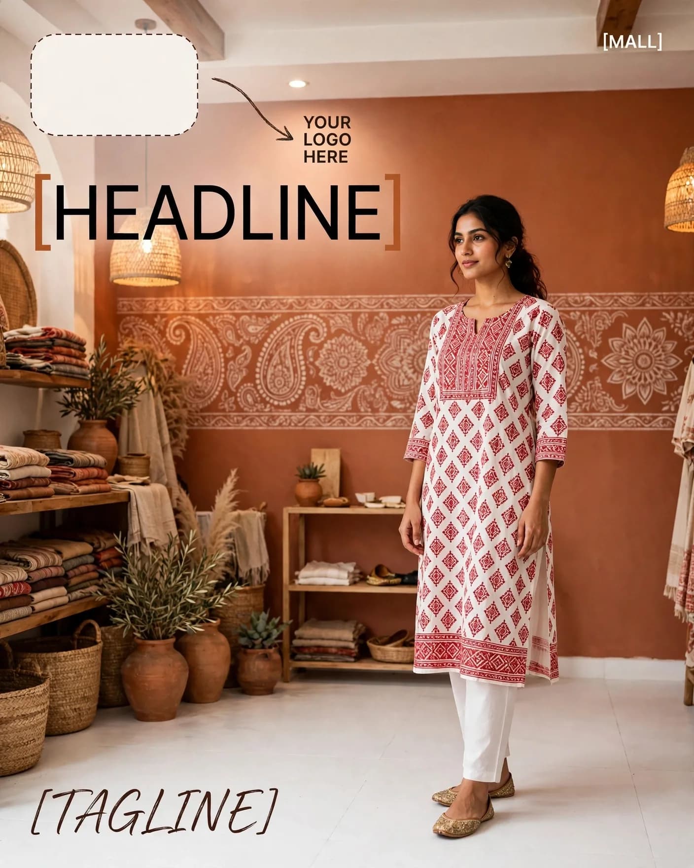 Terracotta Ethnic Boutique Kurta Fashion Ad Poster Editable AI Prompt