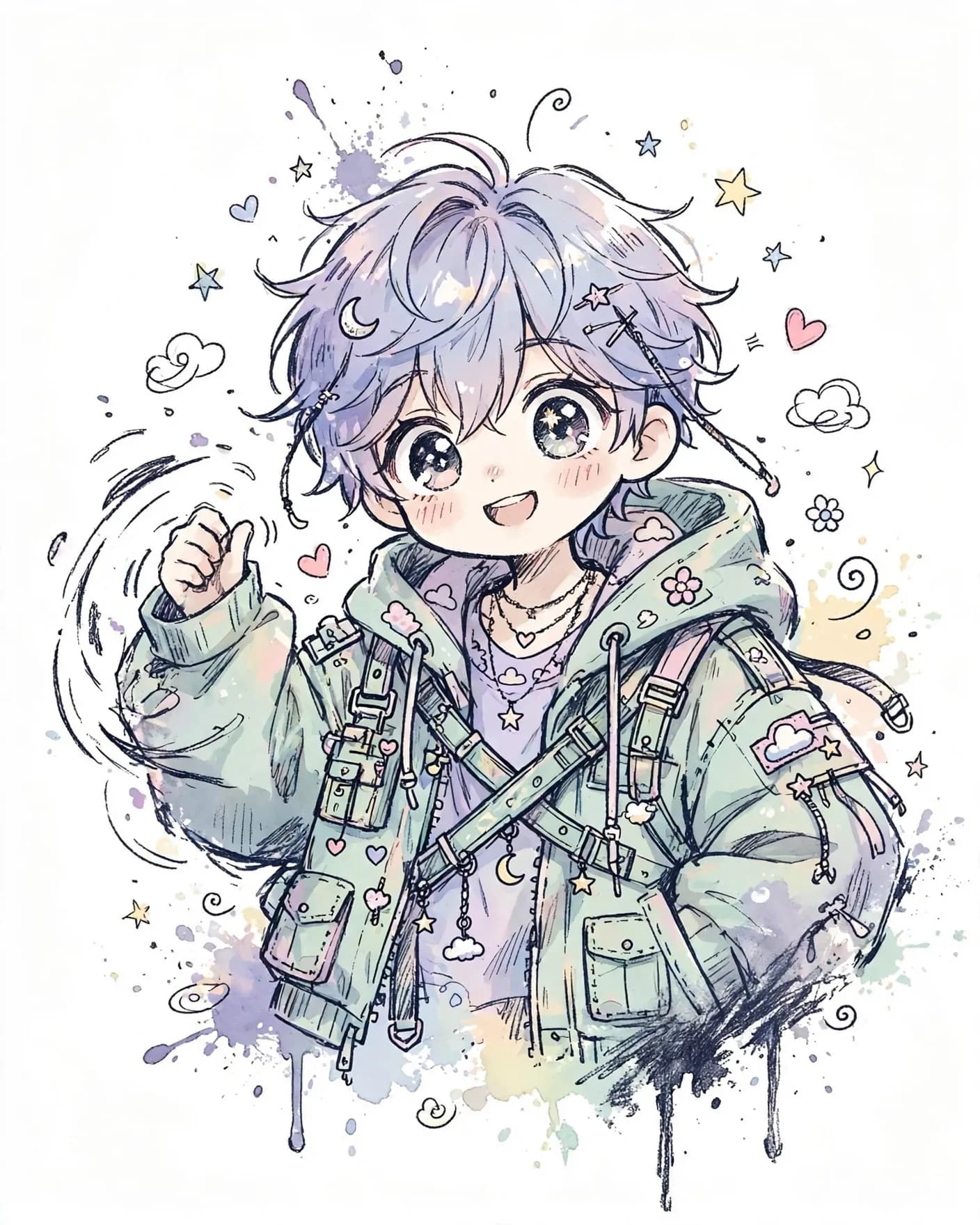 Korean Doodle Character Portrait Prompt — Ink-Splash Style (4:5)