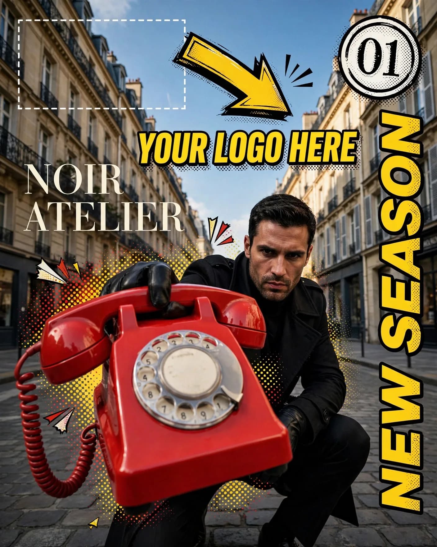 Noir Menswear Paris Editorial Red Telephone Cinematic Ad Editable AI Prompt