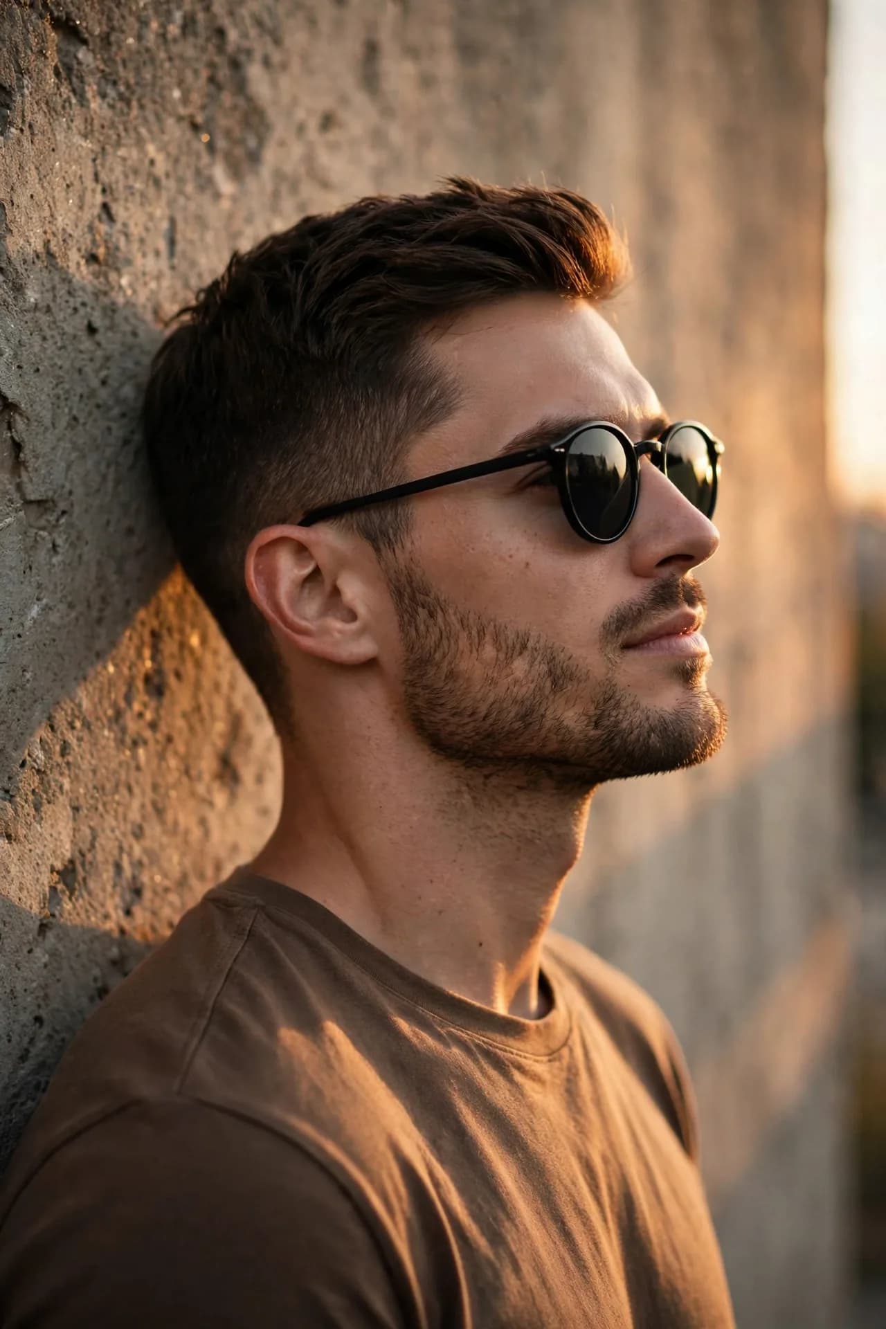 Golden Hour Side Profile Against Textured Wall