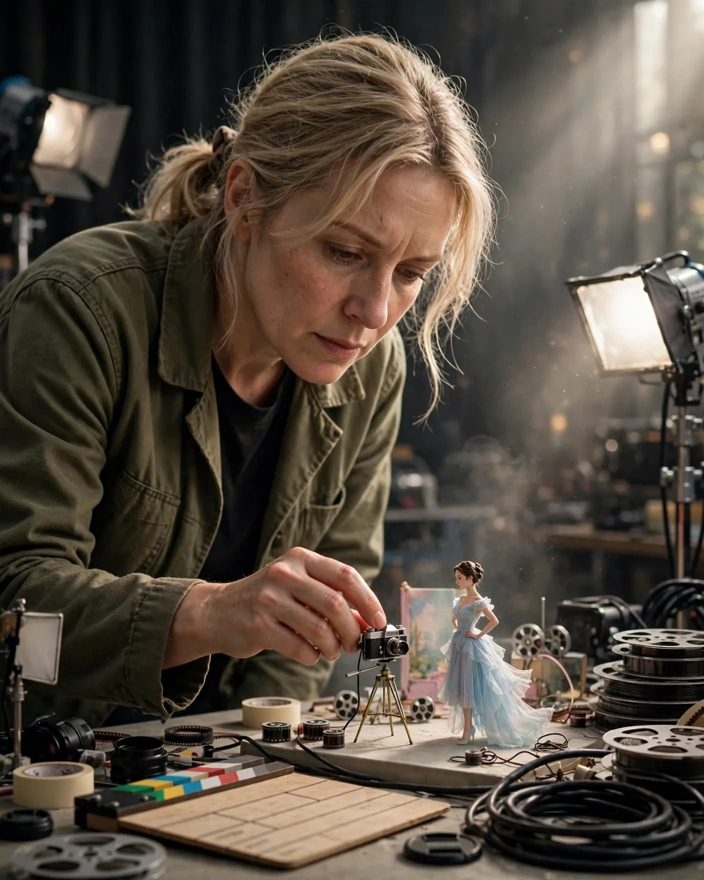 Giant Filmmaker Miniature Studio Scene Illustration
