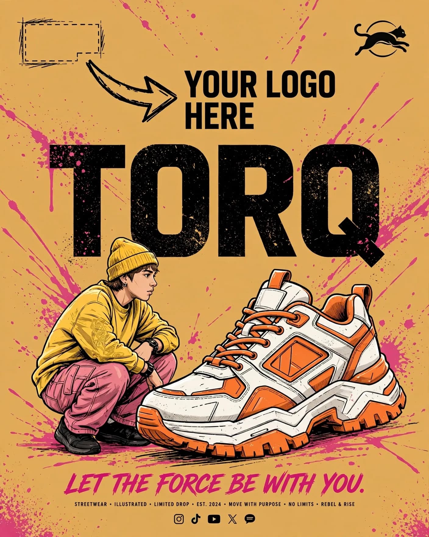 Illustrated Athlete Giant Sneaker Mustard Poster Ad Editable AI Prompt