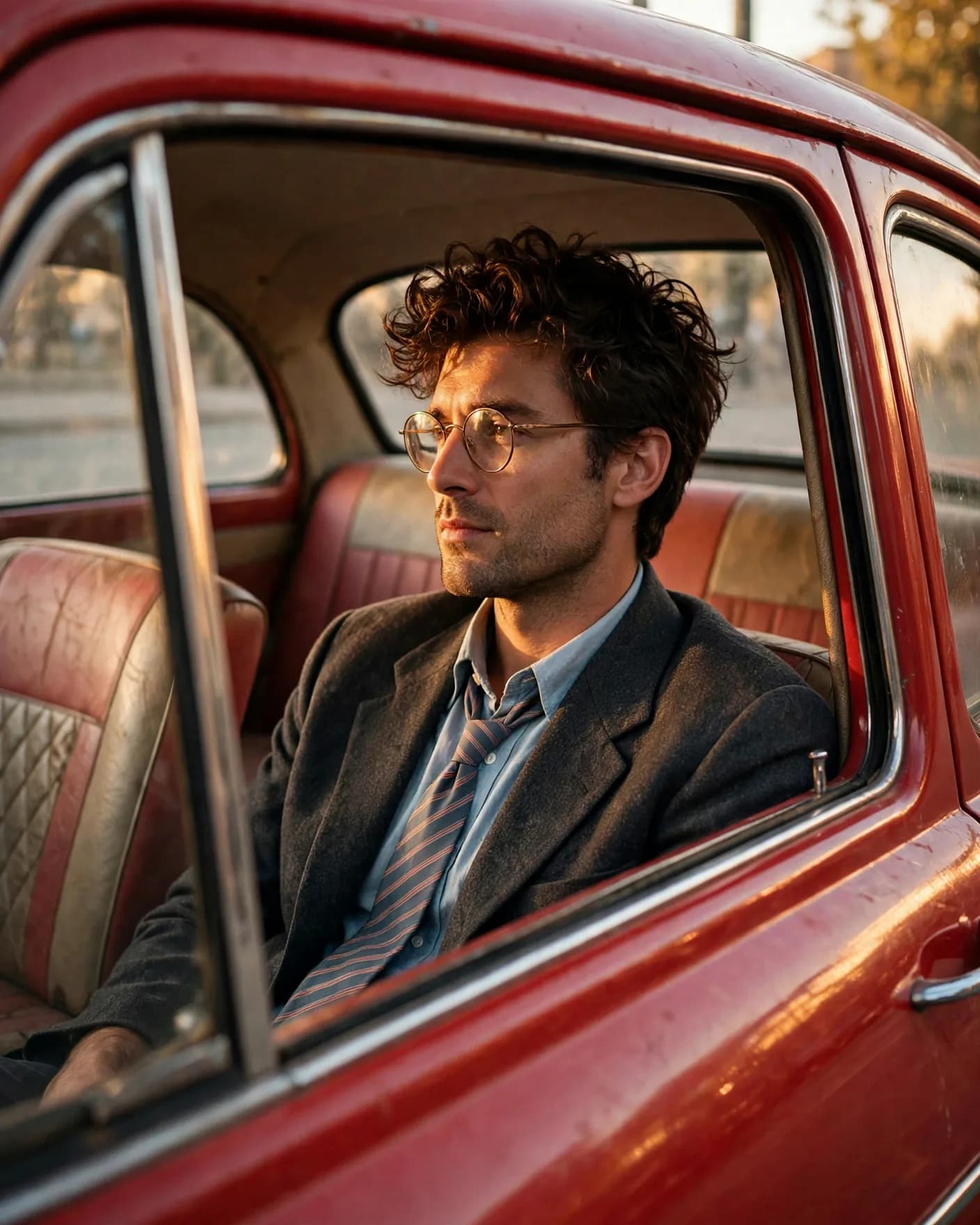 Vintage Red Car Golden Hour Portrait Prompt