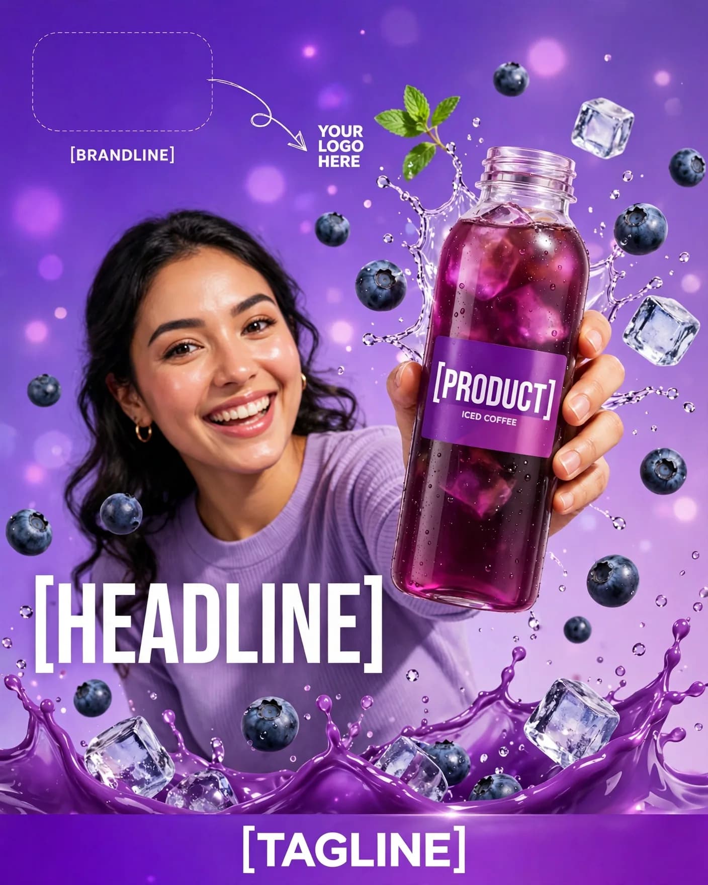 Purple Splash Glam Iced Coffee Berry Ad Youth Energy Editable AI Prompt