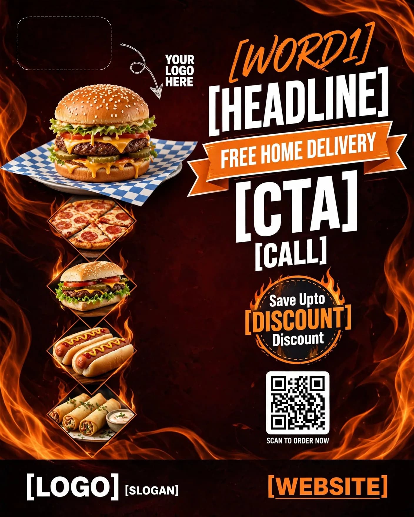 Maroon Fast Food Flyer Burger Delivery Promo Editable AI Prompt