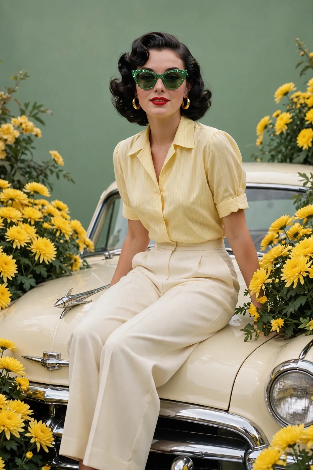 Vintage Glamour Editorial Prompt — Classic Car, Chrysanthemums & 1950s Waves