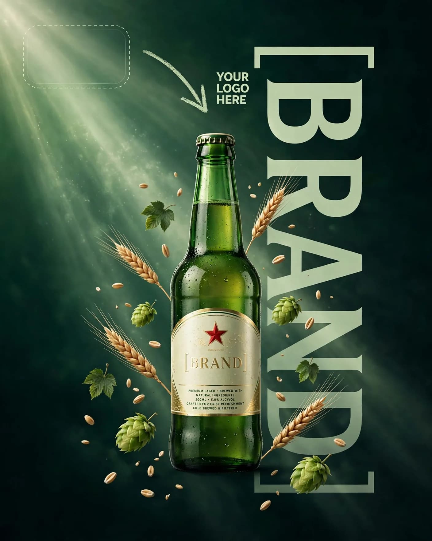 Emerald Green Premium Beer Bottle Luxury Ad Editable AI Prompt