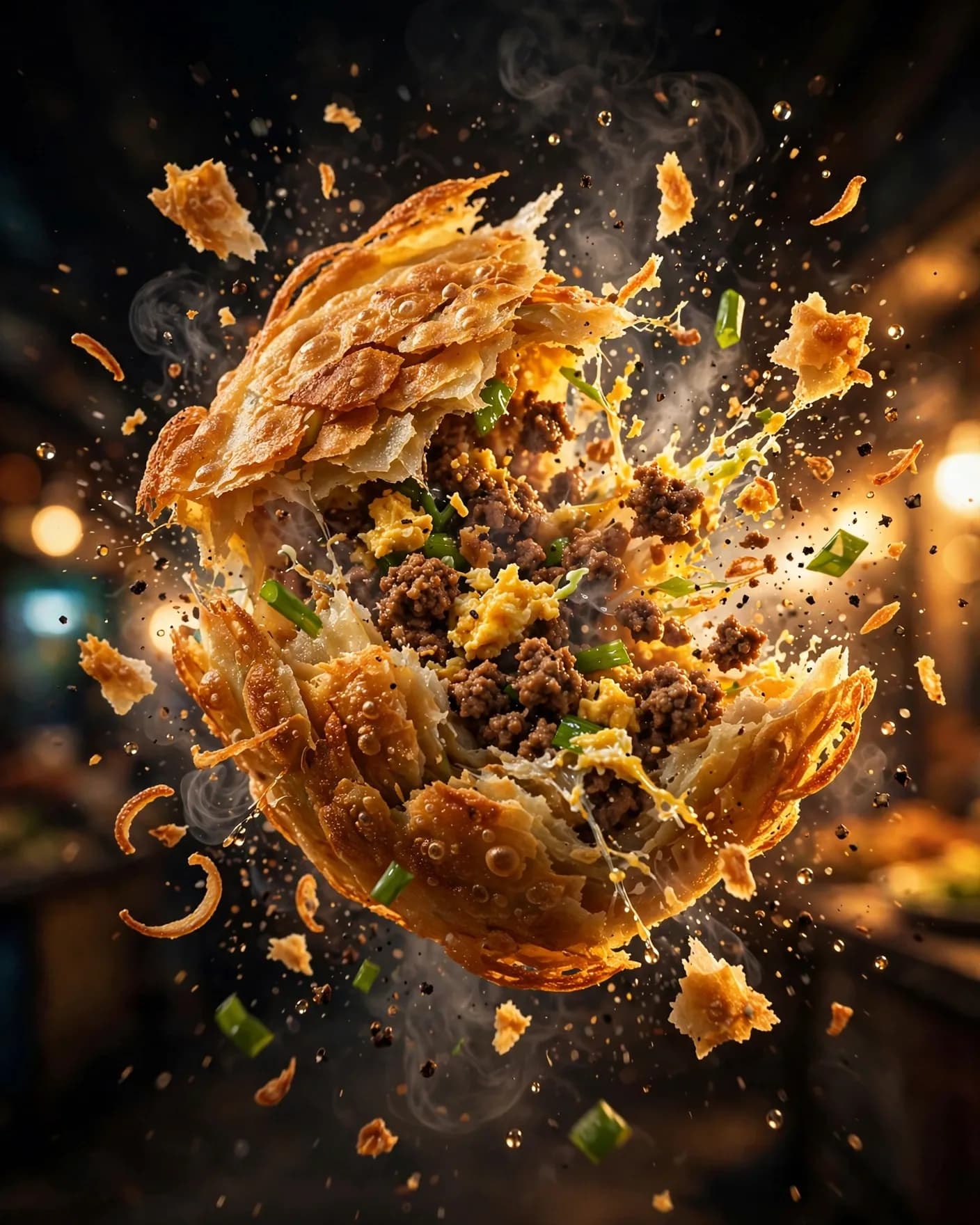 Explosive Martabak Street-Food Ad Photo Prompt