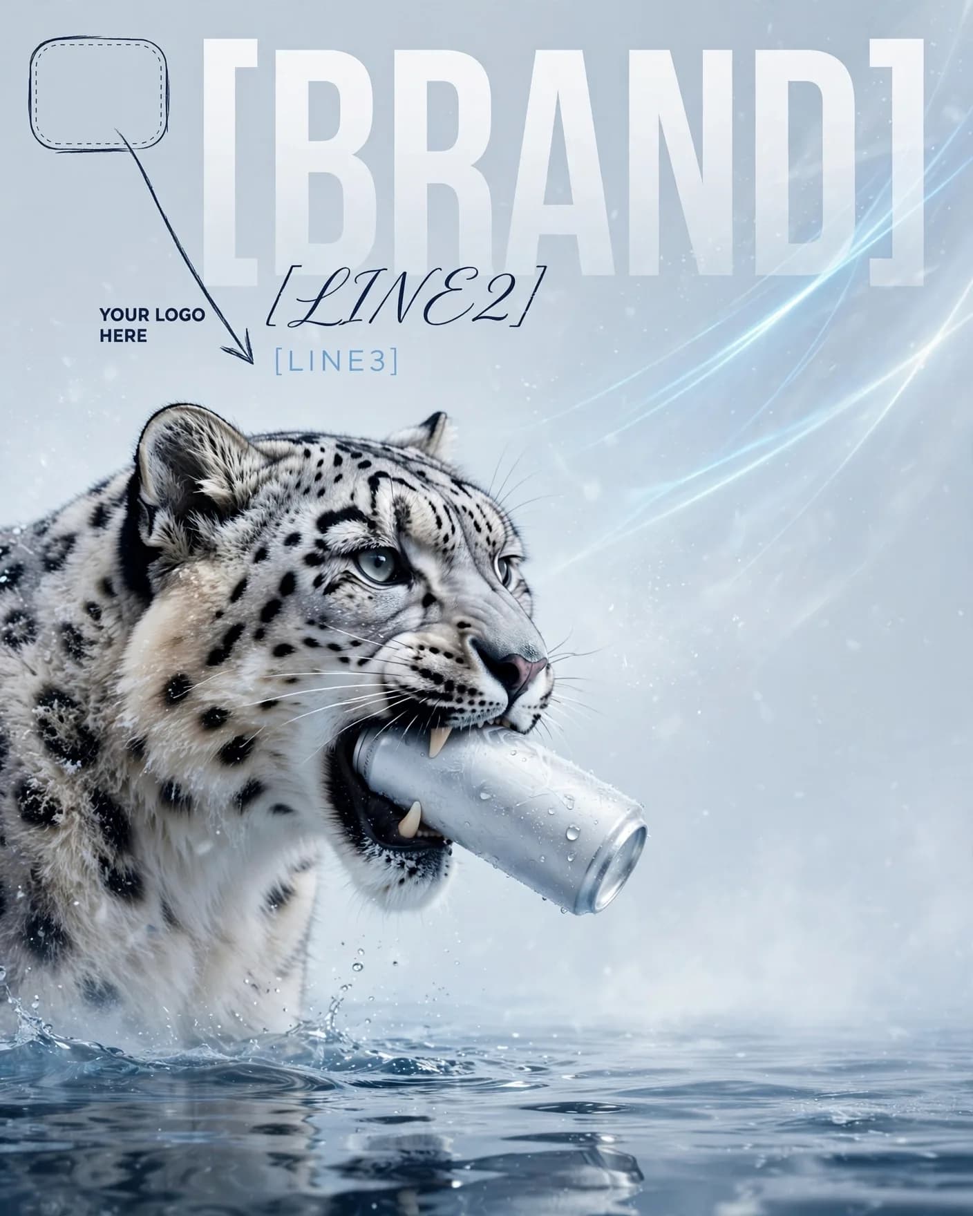 Arctic Leopard Energy Drink Ice Blue Premium Ad Editable AI Prompt