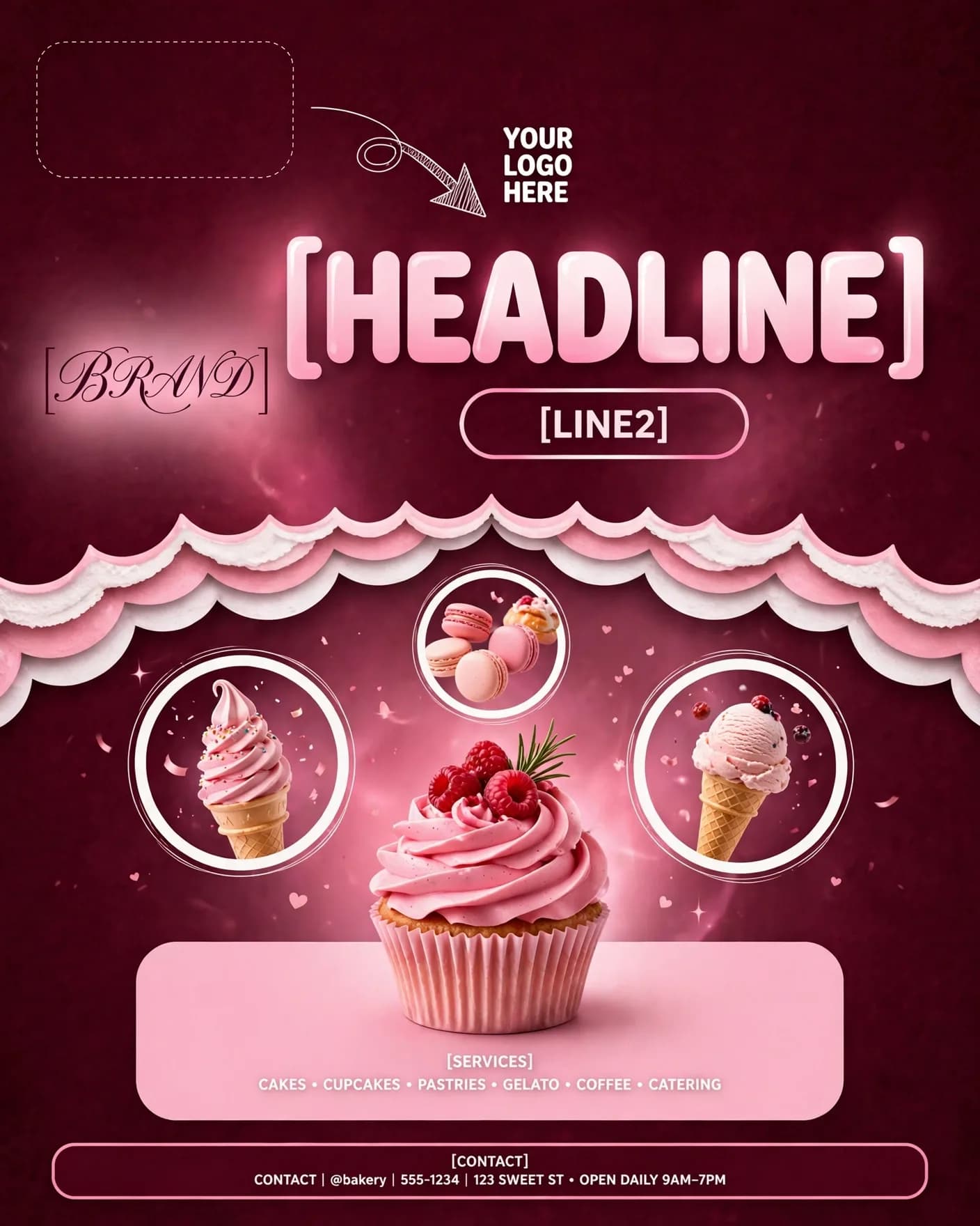 Pink Romance Bakery Cupcake Maroon Indulgence Poster Editable AI Prompt
