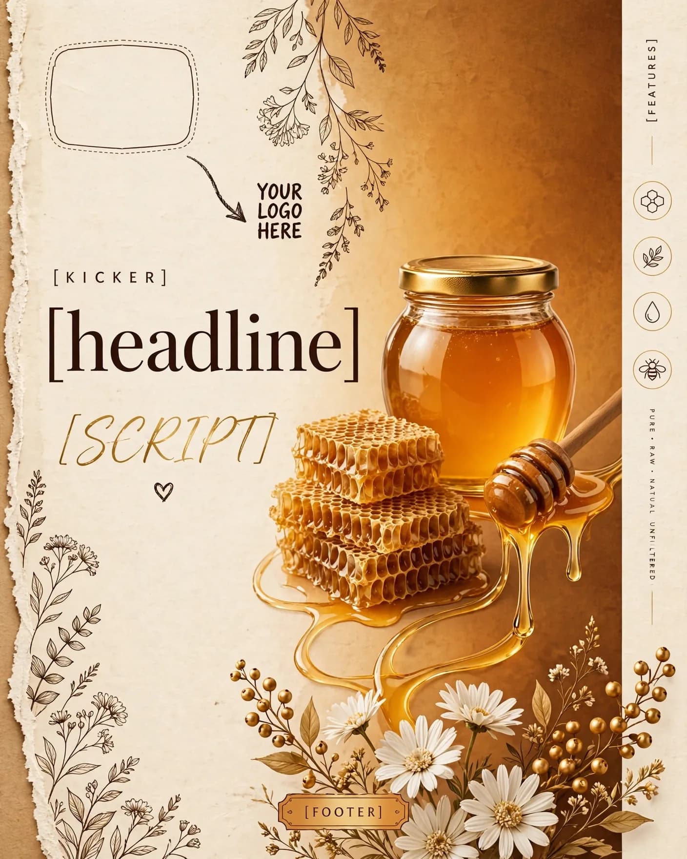 Golden Artisan Honey Jar Organic Luxury Ad Editable AI Prompt